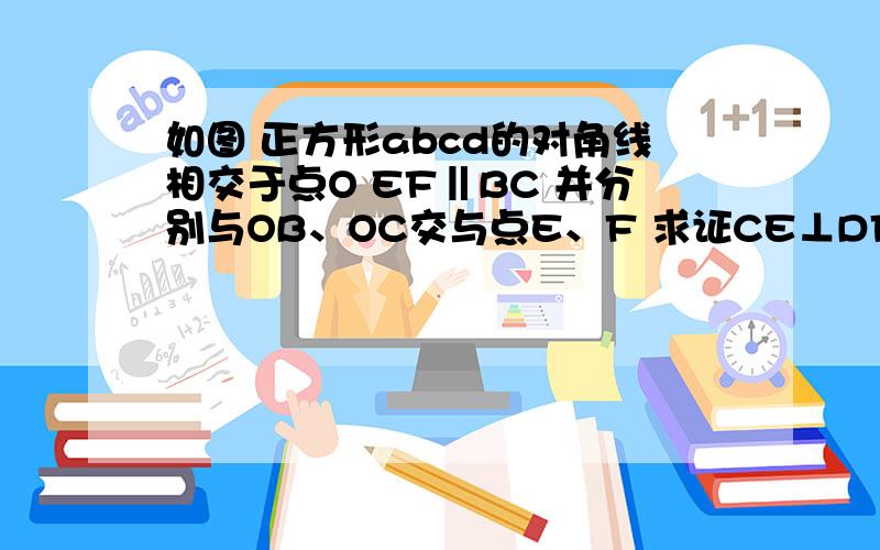 如图 正方形abcd的对角线相交于点O EF‖BC 并分别与OB、OC交与点E、F 求证CE⊥DF