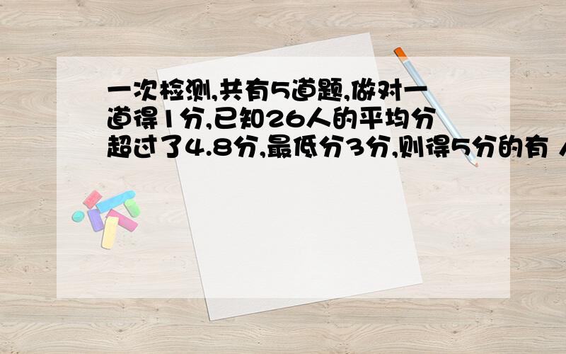 一次检测,共有5道题,做对一道得1分,已知26人的平均分超过了4.8分,最低分3分,则得5分的有 人