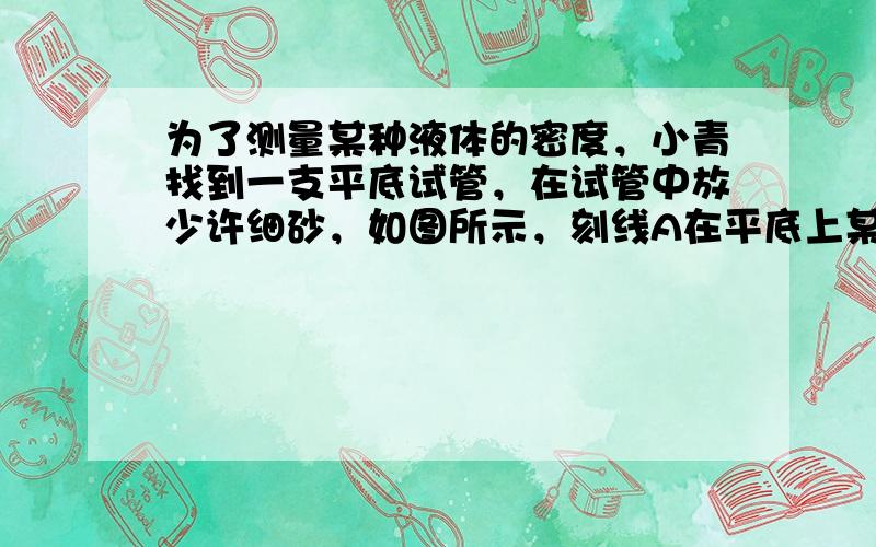 为了测量某种液体的密度，小青找到一支平底试管，在试管中放少许细砂，如图所示，刻线A在平底上某一位置，小青将平底试管放在水