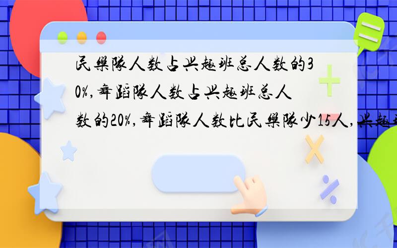 民乐队人数占兴趣班总人数的30%,舞蹈队人数占兴趣班总人数的20%,舞蹈队人数比民乐队少15人,兴趣班共有多少人?