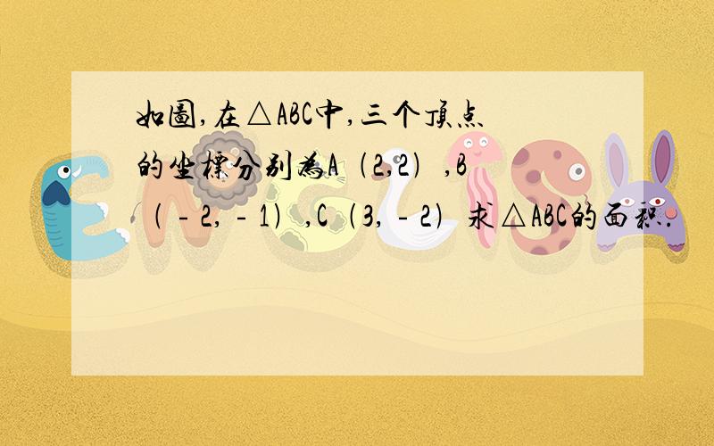 如图,在△ABC中,三个顶点的坐标分别为A﹙2,2﹚,B﹙﹣2,﹣1﹚,C﹙3,﹣2﹚求△ABC的面积.