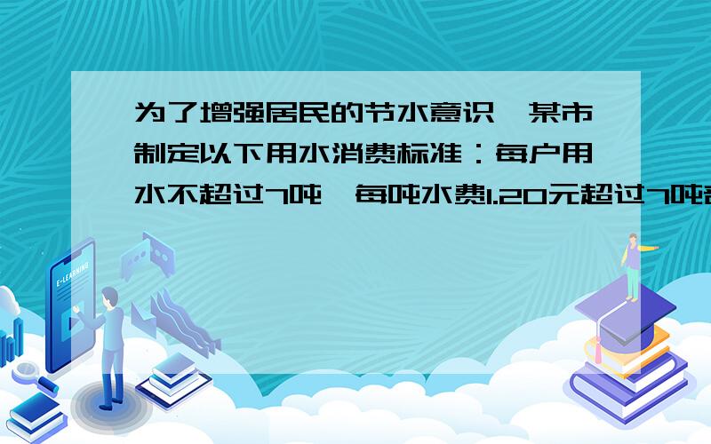 为了增强居民的节水意识,某市制定以下用水消费标准：每户用水不超过7吨,每吨水费1.20元超过7吨部分,每吨收费1.90元