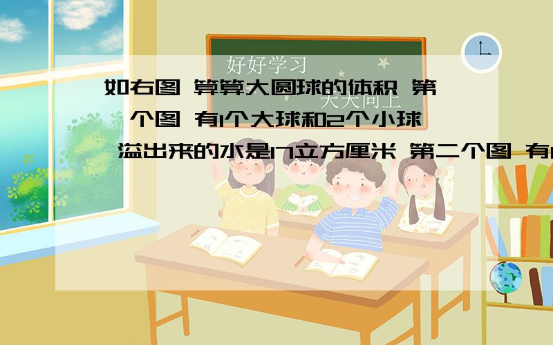 如右图 算算大圆球的体积 第一个图 有1个大球和2个小球 溢出来的水是17立方厘米 第二个图 有1个大球5个小