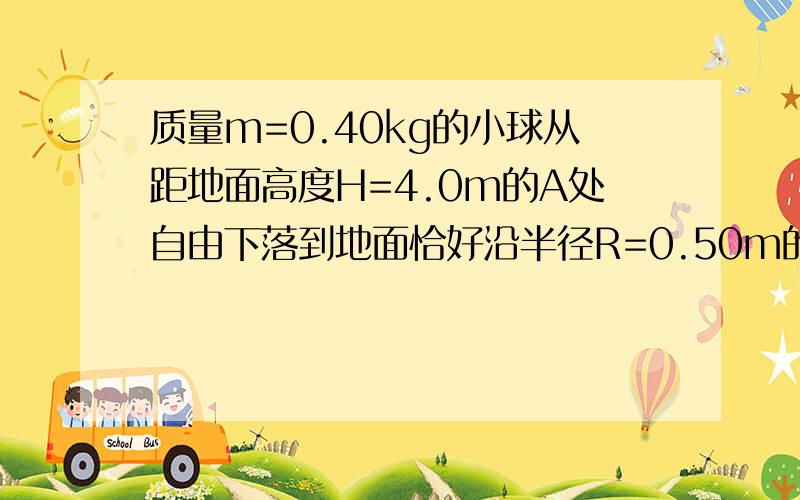 质量m=0.40kg的小球从距地面高度H=4.0m的A处自由下落到地面恰好沿半径R=0.50m的半圆形槽运动,到最低点C