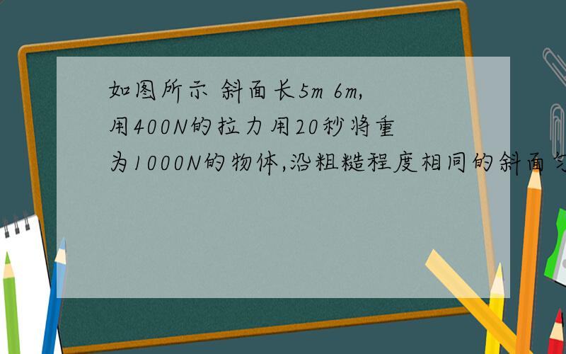 如图所示 斜面长5m 6m,用400N的拉力用20秒将重为1000N的物体,沿粗糙程度相同的斜面匀速想上从低端