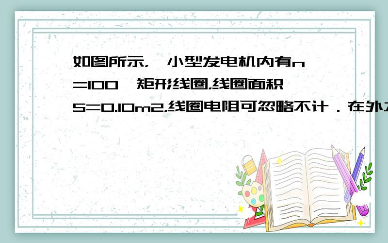 如图所示，一小型发电机内有n=100匝矩形线圈，线圈面积S=0.10m2，线圈电阻可忽略不计．在外力作用下矩形线圈在B=