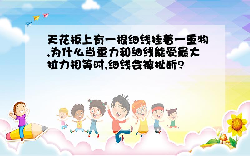 天花板上有一根细线挂着一重物,为什么当重力和细线能受最大拉力相等时,细线会被扯断?