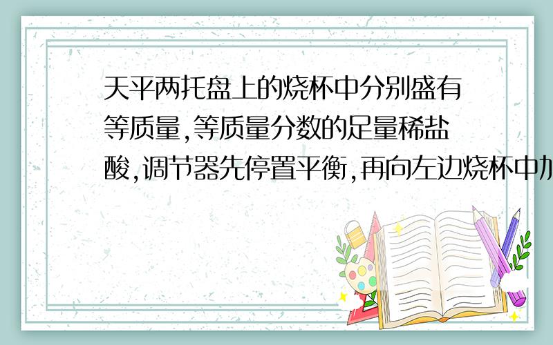 天平两托盘上的烧杯中分别盛有等质量,等质量分数的足量稀盐酸,调节器先停置平衡,再向左边烧杯中加入一定量的铁,右边烧杯中加