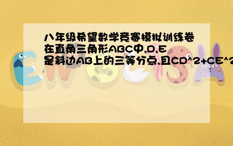 八年级希望数学竞赛模拟训练卷在直角三角形ABC中,D,E是斜边AB上的三等分点,且CD^2+CE^2=1,求斜边AB的长