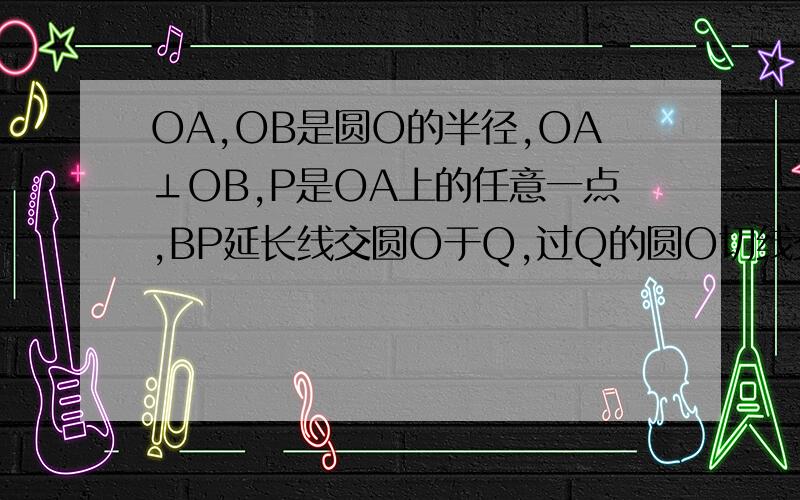 OA,OB是圆O的半径,OA⊥OB,P是OA上的任意一点,BP延长线交圆O于Q,过Q的圆O切线交OA延长线于R,RP=R