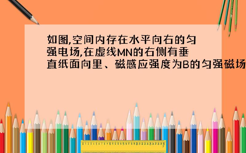 如图,空间内存在水平向右的匀强电场,在虚线MN的右侧有垂直纸面向里、磁感应强度为B的匀强磁场,一质量为m、带电荷量为+q