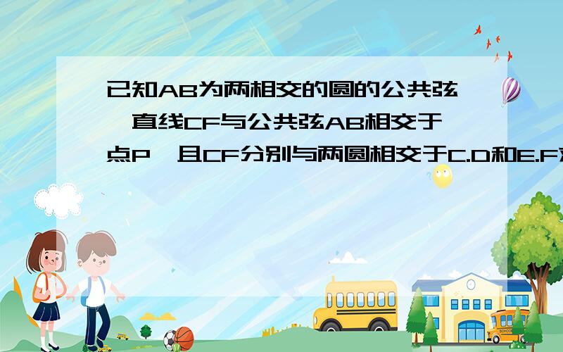 已知AB为两相交的圆的公共弦,直线CF与公共弦AB相交于点P,且CF分别与两圆相交于C.D和E.F求证PC*PD=PE*