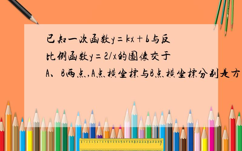 已知一次函数y=kx+b与反比例函数y=2/x的图像交于A、B两点,A点横坐标与B点横坐标分别是方程x^2-x-2=0的