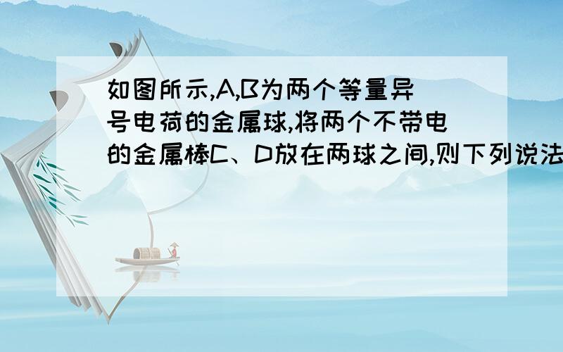 如图所示,A,B为两个等量异号电荷的金属球,将两个不带电的金属棒C、D放在两球之间,则下列说法正确的是（ ）