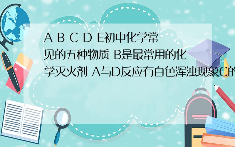 A B C D E初中化学常见的五种物质 B是最常用的化学灭火剂 A与D反应有白色浑浊现象C的化学式A与B反应的化学