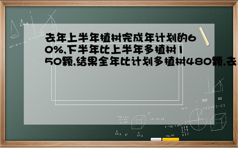 去年上半年植树完成年计划的60%,下半年比上半年多植树150颗,结果全年比计划多植树480颗,去年实际植树多