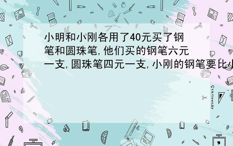 小明和小刚各用了40元买了钢笔和圆珠笔,他们买的钢笔六元一支,圆珠笔四元一支,小刚的钢笔要比小明多,