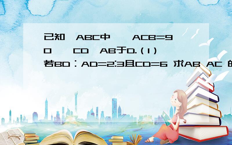 已知△ABC中,∠ACB=90°,CD⊥AB于D.（1）若BD：AD=2:3且CD=6 求AB AC 的长.