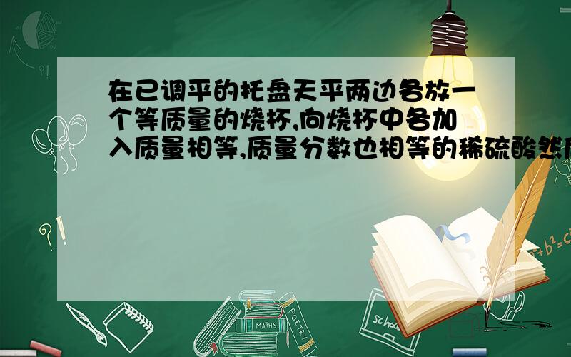 在已调平的托盘天平两边各放一个等质量的烧杯,向烧杯中各加入质量相等,质量分数也相等的稀硫酸然后再