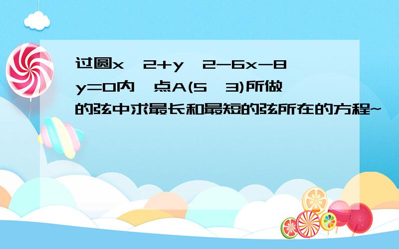 过圆x^2+y^2-6x-8y=0内一点A(5,3)所做的弦中求最长和最短的弦所在的方程~