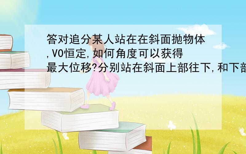 答对追分某人站在在斜面抛物体,V0恒定,如何角度可以获得最大位移?分别站在斜面上部往下,和下部往上抛.解释得清楚的追分.