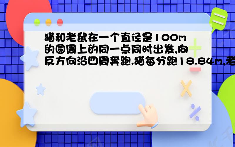 猫和老鼠在一个直径是100m的圆周上的同一点同时出发,向反方向沿四周奔跑.猫每分跑18.84m,老鼠每分跑12.