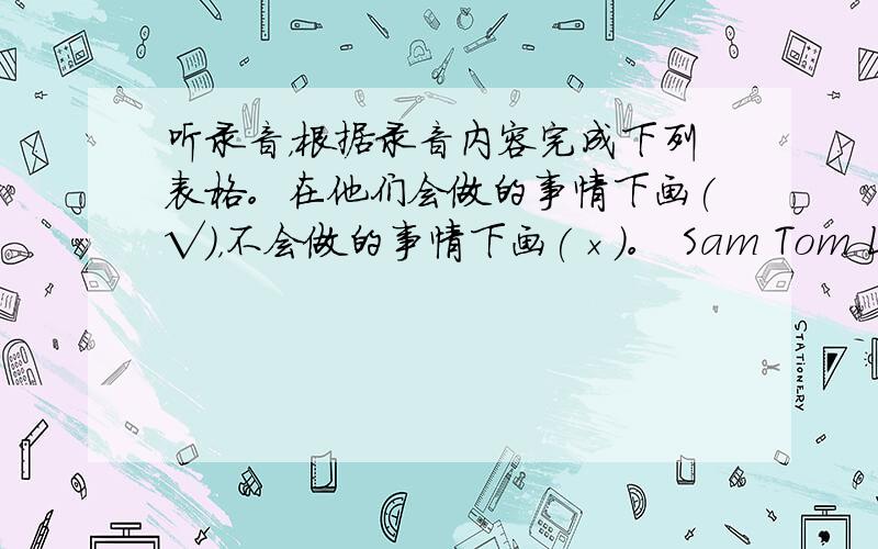 听录音，根据录音内容完成下列表格。在他们会做的事情下画(√)，不会做的事情下画(×)。 Sam Tom Lucy Amy