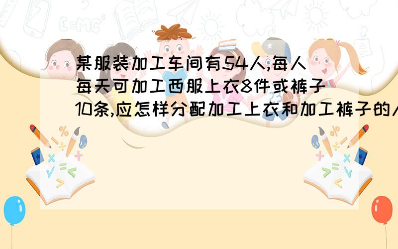 某服装加工车间有54人,每人每天可加工西服上衣8件或裤子10条,应怎样分配加工上衣和加工裤子的人数,才能使衣裤配套?