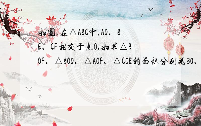 如图,在△ABC中,AD、BE、CF相交于点O,如果△BOF、△BOD、△AOF、△COE的面积分别为30、35、40、