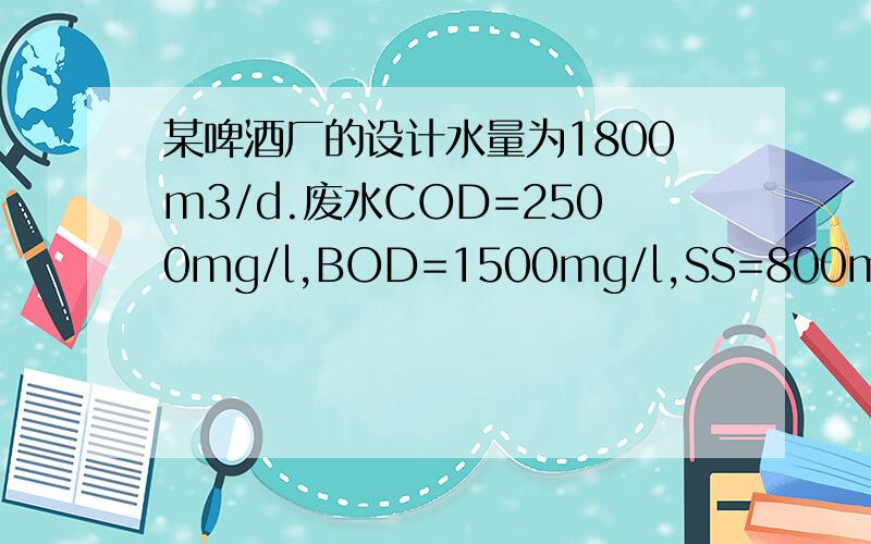 某啤酒厂的设计水量为1800m3/d.废水COD=2500mg/l,BOD=1500mg/l,SS=800mg/l,