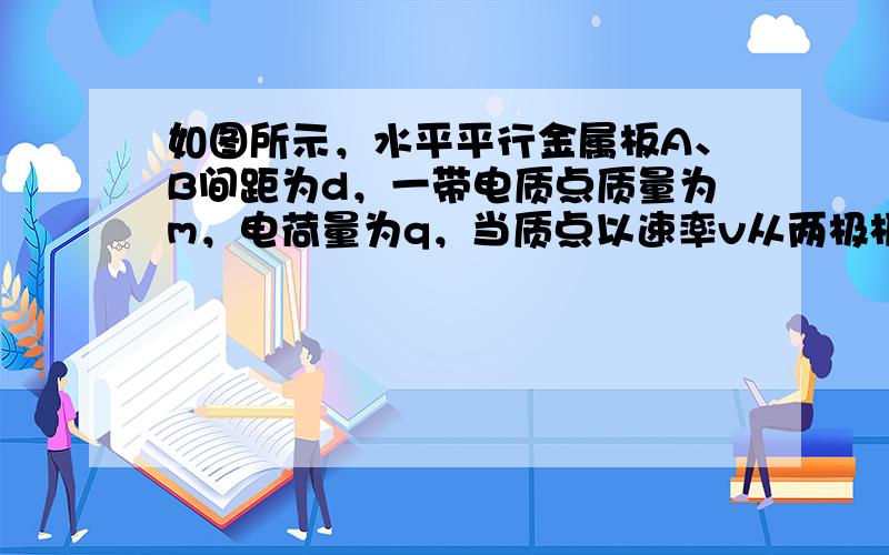 如图所示，水平平行金属板A、B间距为d，一带电质点质量为m，电荷量为q，当质点以速率v从两极板中央处水平飞入两极板间时，