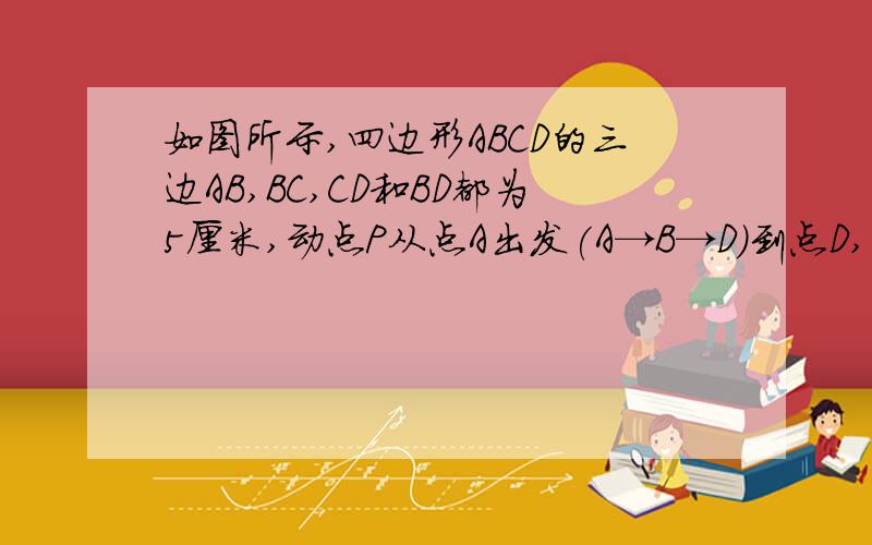 如图所示,四边形ABCD的三边AB,BC,CD和BD都为5厘米,动点P从点A出发(A→B→D)到点D,速度为2厘米/秒,