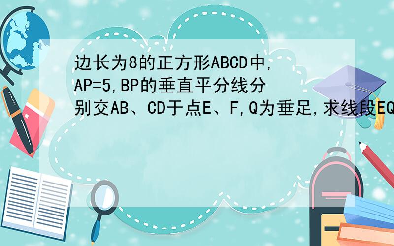 边长为8的正方形ABCD中,AP=5,BP的垂直平分线分别交AB、CD于点E、F,Q为垂足,求线段EQ与QF的比值.