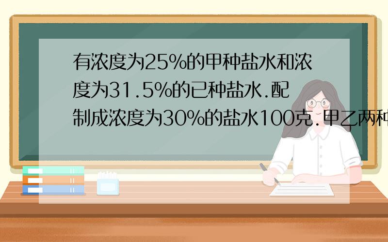 有浓度为25%的甲种盐水和浓度为31.5%的已种盐水.配制成浓度为30%的盐水100克.甲乙两种盐水各取多少千克?