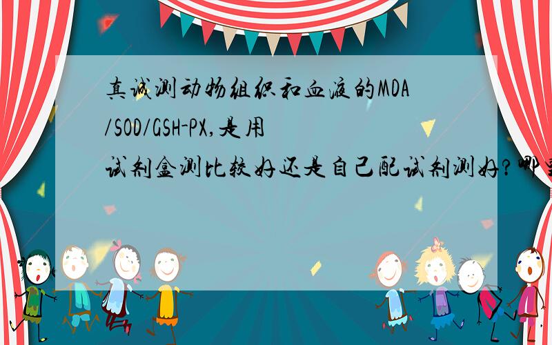 真诚测动物组织和血液的MDA/SOD/GSH-PX,是用试剂盒测比较好还是自己配试剂测好?哪里的试剂盒比较靠谱呢?