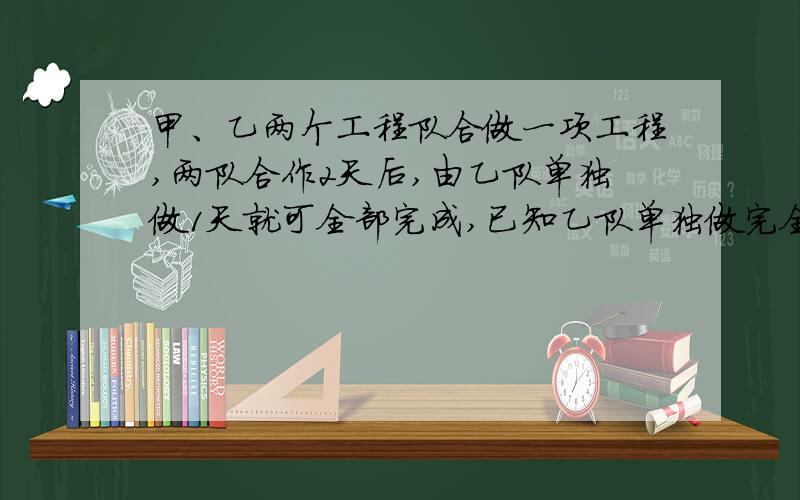 甲、乙两个工程队合做一项工程,两队合作2天后,由乙队单独做1天就可全部完成,已知乙队单独做完全部工程的天数是甲的1.5倍