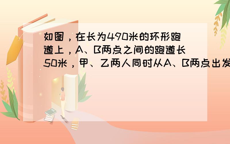 如图，在长为490米的环形跑道上，A、B两点之间的跑道长50米，甲、乙两人同时从A、B两点出发反向奔跑．两人相遇后，乙立