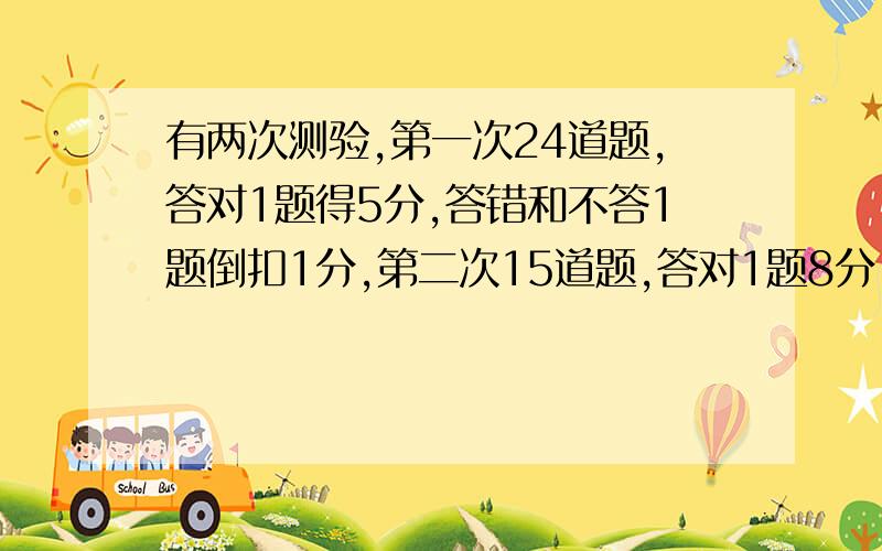 有两次测验,第一次24道题,答对1题得5分,答错和不答1题倒扣1分,第二次15道题,答对1题8分,答错和不答倒扣2分,小