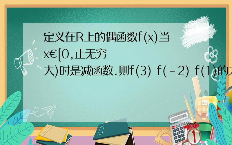 定义在R上的偶函数f(x)当x€[0,正无穷大)时是减函数.则f(3) f(-2) f(1)的大小顺序