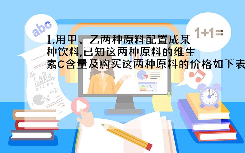 1.用甲、乙两种原料配置成某种饮料,已知这两种原料的维生素C含量及购买这两种原料的价格如下表：