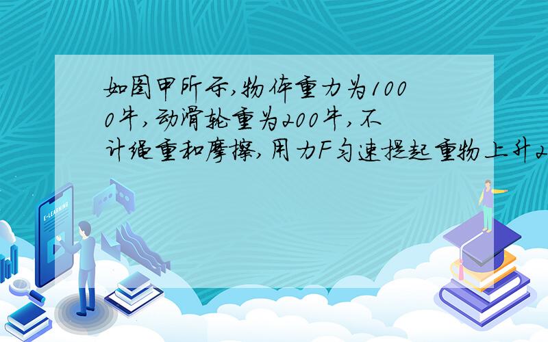 如图甲所示,物体重力为1000牛,动滑轮重为200牛,不计绳重和摩擦,用力F匀速提起重物上升2米