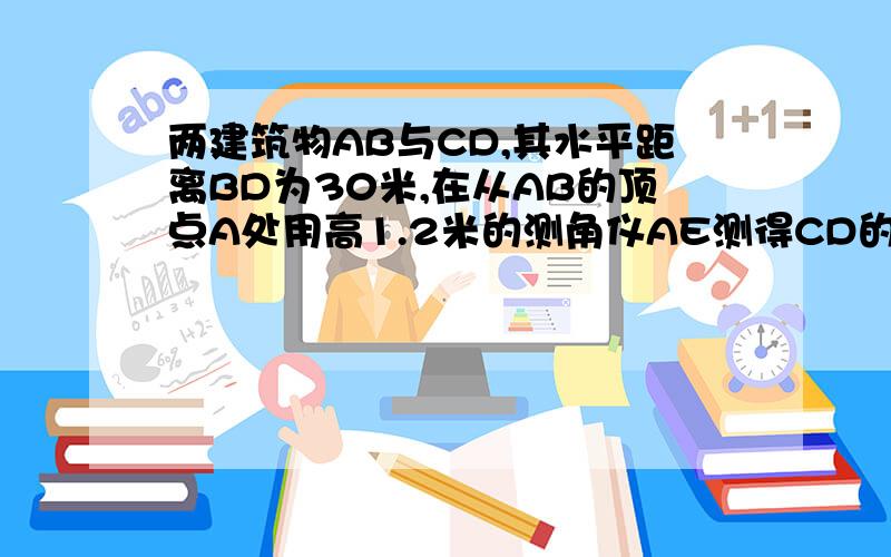 两建筑物AB与CD,其水平距离BD为30米,在从AB的顶点A处用高1.2米的测角仪AE测得CD的顶部C的仰角“阿尔法=3