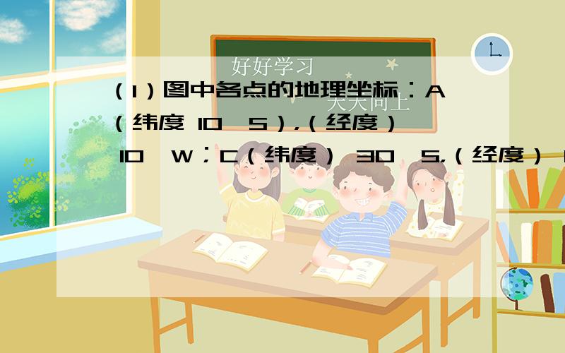 （1）图中各点的地理坐标：A（纬度 10°S），（经度） 10°W；C（纬度） 30°S，（经度） 0°；（2