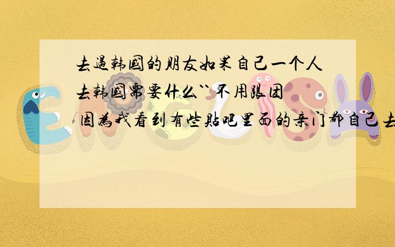 去过韩国的朋友如果自己一个人去韩国需要什么`` 不用跟团 因为我看到有些贴吧里面的亲门都自己去的`` 需要什么东西啊`?