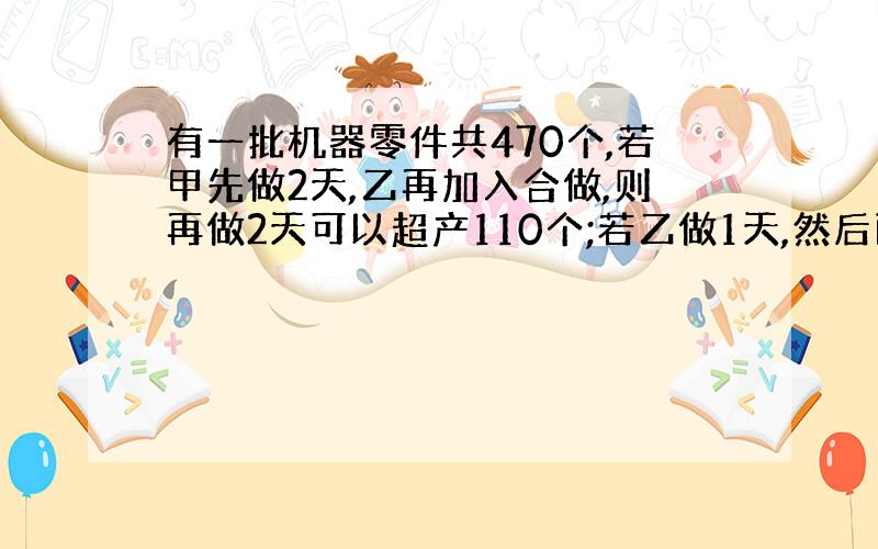 有一批机器零件共470个,若甲先做2天,乙再加入合做,则再做2天可以超产110个;若乙做1天,然后两人合做2天,则刚好完