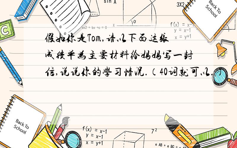 假如你是Tom,请以下面这张成绩单为主要材料给妈妈写一封信,说说你的学习情况.（40词就可以.）