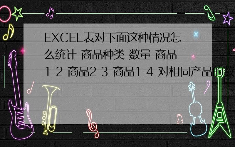 EXCEL表对下面这种情况怎么统计 商品种类 数量 商品1 2 商品2 3 商品1 4 对相同产品的数量求和