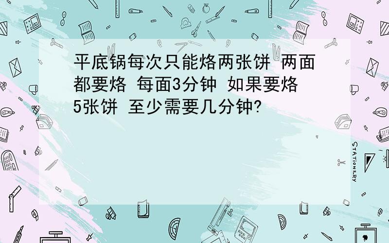 平底锅每次只能烙两张饼 两面都要烙 每面3分钟 如果要烙5张饼 至少需要几分钟?