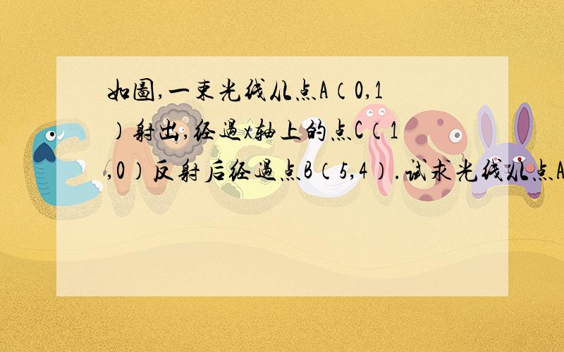 如图,一束光线从点A（0,1）射出,经过x轴上的点C（1,0）反射后经过点B（5,4）.试求光线从点A到点B