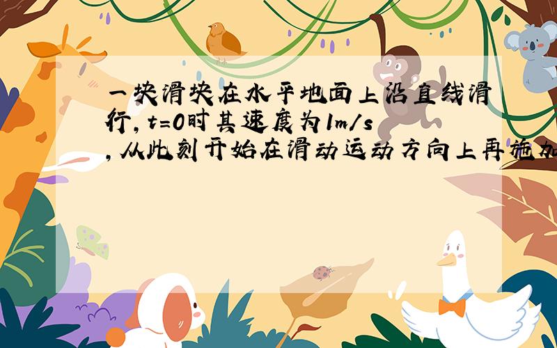 一块滑块在水平地面上沿直线滑行,t=0时其速度为1m/s,从此刻开始在滑动运动方向上再施加一水平作用力F,